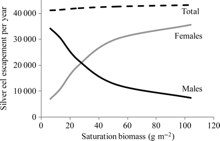Relative production (numbers) of male, female, and all silver eels under conditions of stable equilibrium, simulated by the SMEP for a fixed elver settlement of 6 × 106 but varying levels of saturation biomass.