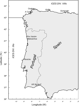 Main landing ports of anglerfish in Portugal and Spain, and the ICES Divisions in the Iberian Atlantic waters.