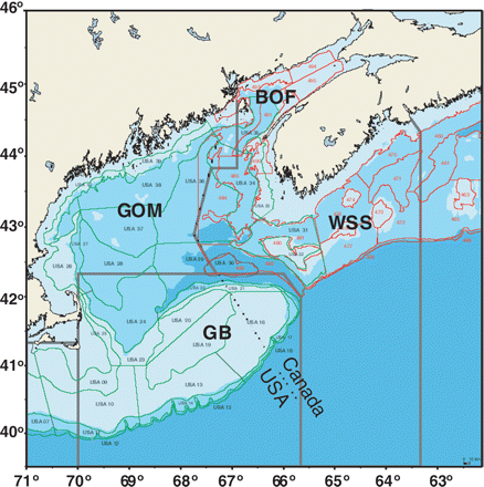 Map of the GOMA. GB, Georges Bank; BOF, Bay of Fundy; WSS, Western Scotian Shelf; GOM, Gulf of Maine proper. Red lines and labels, Canadian survey strata; green lines and labels, US survey strata. Dotted line, Canada/US international border.