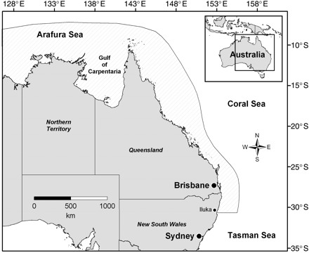 Map of the study region in Australian waters (shaded) shown within the central Indo-Pacific (inset). Gillnet and hook-and-line sampling was conducted throughout the entire study region.