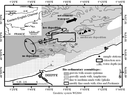 Location of the licensed extraction area and of the monitoring sampling stations grouped according to their expected level of deposition, superimposed on the main bio-sedimentary assemblages of the study area (after Cabioch and Glaçon, 1977).