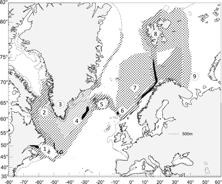 Geographic range of Sebastes mentella. The hatched area shows the centre of abundance. The dotted area is the outer sector of the distribution range, the black area along the slope shows the main area of larva release, and the dashed line indicates the 500-m depth contour. Numbers indicate locations referred to in text (1, Newfoundland; 2, Davis Strait; 3, Greenland; 4, Irminger Sea; 5, Iceland; 6, Faroe Islands; 7, Norwegian Sea; 8, Svalbard; 9, Barents Sea).