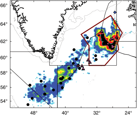 Revised management unit boundaries (red polygon), with fishing distribution and genetic sample locations. Fishery data are from Iceland, Russia, Germany, Norway, the Faroe Islands, and Greenland (1996–2007). Black dots, shallow-pelagic genotype; pink triangles, deep-pelagic genotype; blue diamonds, Icelandic slope genotype.
