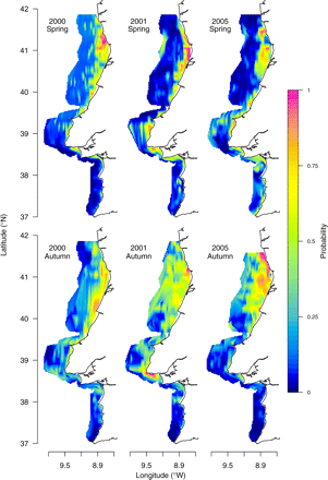 Potential habitat of sardine for spring and autumn of 2000, 2001, and 2005.
