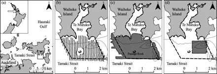 (a) Location of the study site in the Tamaki Strait, Hauraki Gulf, New Zealand (36°51′S 175°08′E). (b) Coverage of the SBES survey (north–south continuous lines), after Morrison et al. (2003). (c) Coverage of the SSS survey (dark area). (d) Coverage of the MBES survey (dark area). All panels except the left one also display the extent of the Te Matuku Marine Reserve (dashed contour) and the 5, 10, 15, and 20 m isobaths.