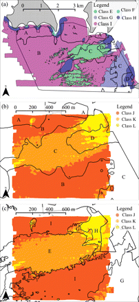 SBES map overlaid on (a) the SSS map and (b) the MBES map, and (c) the SSS map overlaid on the MBES map. In (a) and (b), the SBES segments of importance are labelled with their category, and in (c), the SSS segments of importance are so labelled. In (a), the SSS map categories are given in the legend, and in (b) and (c), the MBES map categories are so given.