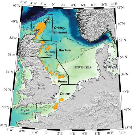 Map of the North Sea with recognized spawning grounds (Iles and Sinclair, 1982; Corten, 1986; Heath et al., 1997; Nash et al., 2009). Approximate boundaries of the areas covered by the IHLS are marked with bold lines. Depth contours are illustrated for 50, 100, and 200 m.