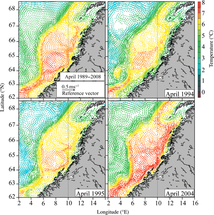 Simulated mean circulation patterns and temperature at 20 m deep during April averaged over 1989–2008 (upper left) and for 1994 (upper right), 1995 (lower left), and 2004 (lower right). The years 1994 and 1995 were characterized by relative low velocities, whereas 2004 was a year with high velocities.