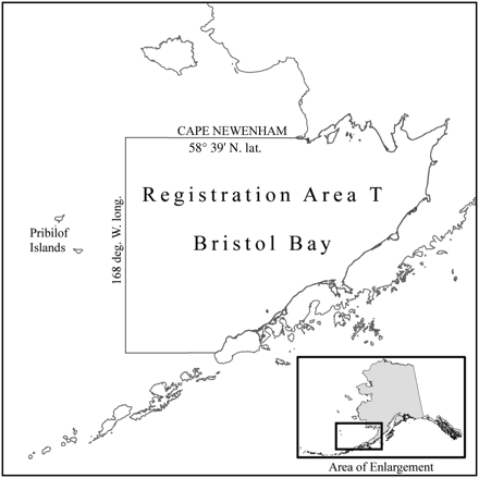 Map of the Bristol Bay management area (T) in the eastern Bering Sea off the coast of Alaska.