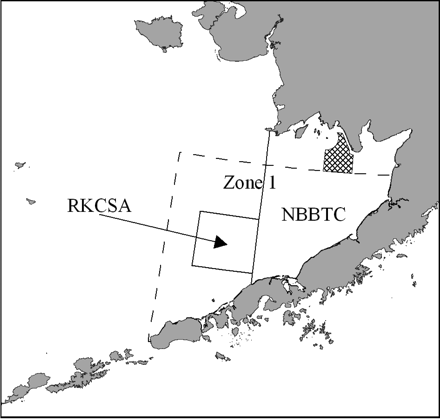Map of eastern Bering Sea illustrating the RKCSA and the NBBTC areas, both of which are closed to trawling, except for the small cross-hatched area of the NBBTC, which is open to trawling during 1 April to 15 June in years when the red king crab stock is large enough to support a directed crab fishery. Also illustrated is zone 1 (delineated by dashed line), which closes to groundfish trawling if the estimated crab bycatch exceeds the prohibited-species catch limit.