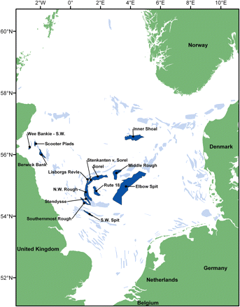 Sandeel habitat areas (areas with potentially high density of non-buried sandeel) and the locations of the fishing grounds mentioned in text.