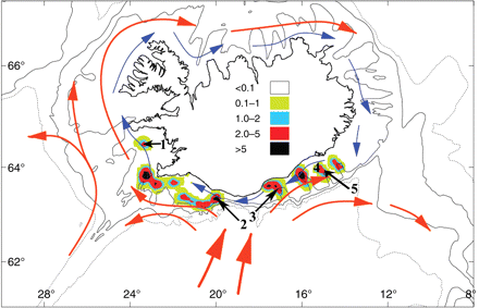 Sampling locations for Norway lobster off Iceland. The numbers refer to the samples depicted in Table 1, and fishing areas (which are also breeding areas) are indicated by colours. The scale indicates the density of catches from 2005 to 2009 (t nautical mile−2), and the arrows indicate the main currents around Iceland: red, branch of the North Atlantic Current; blue, coastal current.