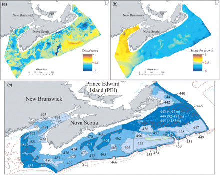 Spatial variations in (a) natural disturbance and (b) scope for growth, both mapped at a resolution of 500 m based on Kostylev and Hannah's (2007) habitat template model from the Scotian Shelf, Bay of Fundy, and eastern Georges Bank. (c) Scotian Shelf and Bay of Fundy groundfish survey domain illustrating depth stratified survey strata (labelled 440–495) annually sampled since 1970. The intensity of the blue shading indicates strata depths.