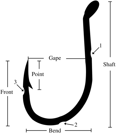 Silhouette of the treatment hooks used in the study, and the location of the three small notches (1–3) cut into the shaft, bend, and point of the modified designs.