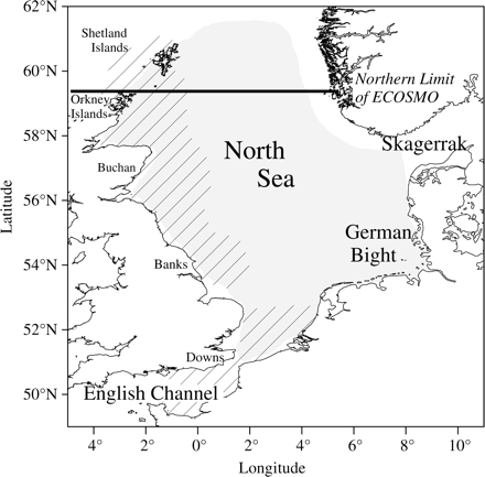 The spatial distribution of survey data. The hatched area shows the location of NHL surveys, and the shaded area locations of PML, J0, and J1 surveys. The northernmost limit of the biophysical model ECOSMO is also shown. Abbreviations are listed in Table 1.