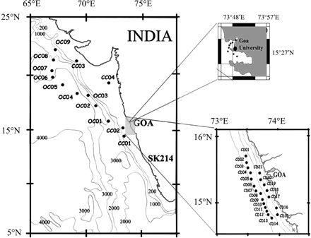 Map of the study area showing the in situ sampling locations and depth contours. Main panel: oceanic observations, RV “Sagar Kanya”; top inset: estuarine observations, fishing trawler; bottom inset: coastal observations, RV “Sagar Purvi”.