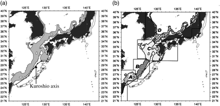 Features of the study area. (a) Total inferred spawning ground (grey area); (b) four subareas used in the study. Also plotted is the mean Kuroshio axis location based on Yamashiro et al. (1993).