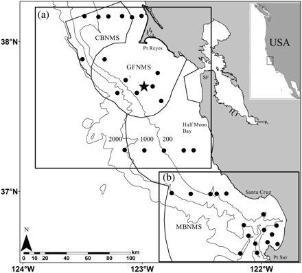Survey area in the central California Current sampled during May/June of 2002–2006: (a) Gulf of Farallones (north) and (b) Monterey Bay (south). Dots indicate the fixed net-sampling locations (n = 35), the star the location of the Farallon Islands, SF is San Francisco, and the lines demarcate boundaries of the National Marine Sanctuaries (CBNMS, Cordell Bank; GFNMS, Gulf of Farallones; MBNMS, Monterey Bay). The depth contours shown are 200, 1000, and 2000 m.