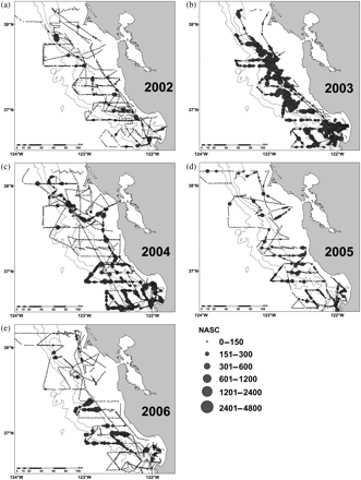 Distribution and abundance of krill estimated by acoustics: (a) 2002, (b) 2003, (c) 2004, (d) 2005, and (e) 2006. The depth contours are 200, 1000, and 2000 m.