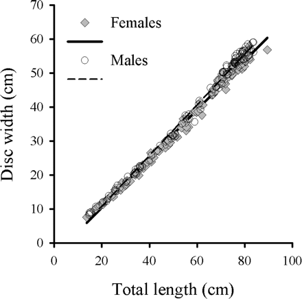Relationship between DW and TL for female (n = 114, DW = 0.7188 TL − 3.9094, r2 = 0.9926) and male (n = 107, DW = 0.7475 TL − 4.2299, r2 = 0.9940) B. minispinosa.