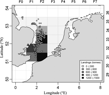 Spatial distribution of the total landings of sole, plaice, cod, and whiting by Belgian flatfish beam trawlers in the southern North Sea (shaded areas) and sampled hauls (open circles).