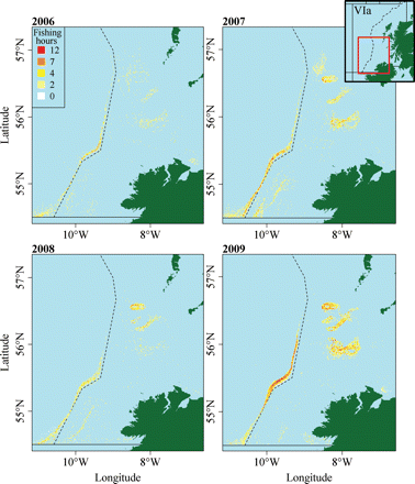 Irish VMS-based TR1 (bottom trawls, Danish seines, and similar towed gear of codend mesh size ≥100 mm) fishing effort as hours per square nautical mile, 2006–2009, west of Scotland. The inset shows the plotted area within the red box in relation to the west of Scotland area (ICES Division VIa). The dashed line depicts the Division VIa management line, as detailed in EC (2009).