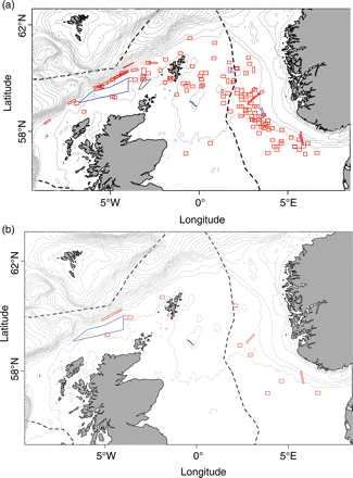 Area closures in (a) the whole of 2009, and (b) on 1 July 2009, showing both RTCs (red), and permanent or other seasonal closures (blue; see Holmes et al., 2011). The dotted line shows the extent of the UK EEZ, and grey lines show bathymetry at 100-m intervals.