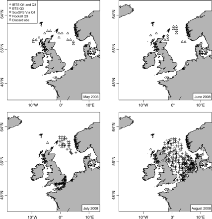 A subset of the cod-density observations used to generate the relative cod-importance index (RCII). Symbols indicate the locations of available observations for the period May–August 2008. Note that these dates do not include the ScoGFS VIa Q1 or Rockall Q3 surveys.