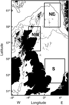 Location of the three regions of North Sea cod Gadus morhua (northeast, NE; northwest, NW; southern, S), indicated by solid lines. Dark grey and light lines represent the 200 and 100 m depth contours, respectively.