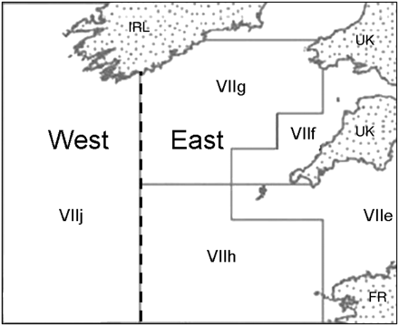 Chart showing the overall region for which a Celtic Sea LFI was derived, and the division of the area into western and eastern subregions (dashed vertical line).