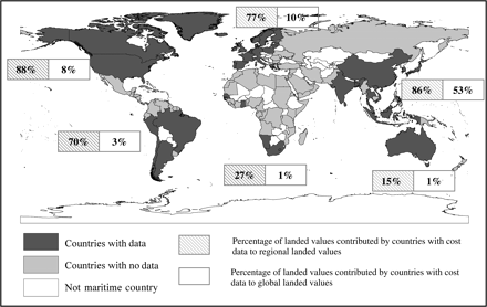 Percentage of landed values contributed by the countries with cost data to regional and global landed values.