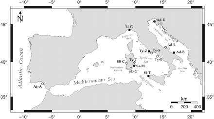 Sampling localities of S. aurata along the Italian coast, in the Mediterranean Sea, and in the Atlantic Ocean. Open circles, sites also examined by De Innocentiis et al. (2004); dots, additional sites examined in this study. Sampling localities are abbreviated as in Table 1.