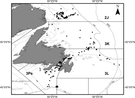 Sampling Locations in the NAFO regions surrounding Newfoundland and Labrador.