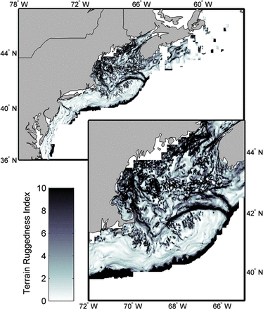 Terrain ruggedness index (TRI) for the Northeast US Continental Shelf and the Scotian Shelf. The upper panel shows the entire region and the lower panel shows the Gulf of Maine region in more detail.
