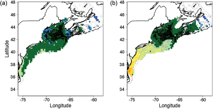 Distribution of cusk habitat estimated from the statistical niche model compared to actual distribution of cusk from fishery independent trawl surveys. The green area shows distribution of areas with a “positive” effect for cusk occurrence from the statistical niche model. The black dots show the location of trawls where cusk were captured. The surface area of modelled habitat was largest for the (a) May–June climatology and smallest for the (b) November–December climatology. Future projections used the November–December period based on the argument that habitat is most limiting during this season.