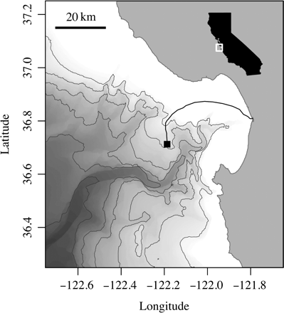 Monterey Bay, showing the MARS node (black square) and the cable (black line). Isobaths are at 500 m intervals. The inset shows the location on the coast of California. Bathymetry after Carnigan et al. (2009).