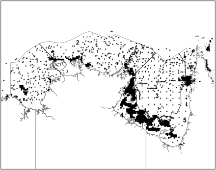 Sampling locations (cross) and the commercially fished area (black square) during 2004–2006 in the five bioregions of the NPF area.