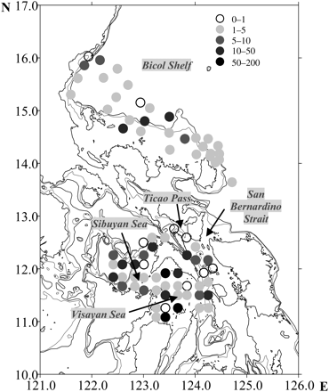 Spatial distribution of chaetognath density (m−3) along the Pacific Coast and inland waters of the Philippines in April and May 2001. The 200-m isobath is shown as a grey line surrounding the major islands, and the dashed line represents the 500-m isobath.