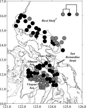 Map of the geographic location of station clusters: Pacific inflow (striped circles), Bicol Shelf and Visayan Sea Shelf margin (black circles), and Visayan Sea Shelf (dark grey circles).
