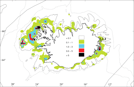Sampling location of A. lupus, in Icelandic waters. Numbers refer to the samples depicted in Table 1 and fishing areas are indicated by coloured areas. The scale indicates the density of catches in 2009 (all gears combined, t nm−2). The archived samples collected during autumn (A1 and A3) were not presented in the figure as they were collected during feeding time and not at a single geographical location.