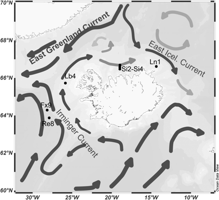 Main ocean currents and hydrographic sections in Icelandic waters. The stations referred to in the article (Fx9, Lb4, Si2–Si4, Ln1) are noted with black dots. Based on Valdimarsson and Malmberg (1999) and Hunegnaw et al. (2009).