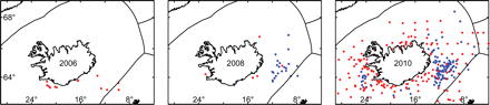 Locations of mackerel samples analysed by the Marine Research Institute from Icelandic and nearby waters in during 2006, 2008, and 2010. Red dots are samples from Icelandic research vessels and blue dots are from the Icelandic pelagic fishing fleet.