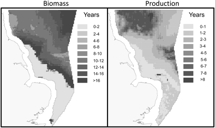 Spatial variation in predicted recovery times (years) of benthic community biomass and production following trawling disturbance in the south and central North Sea.