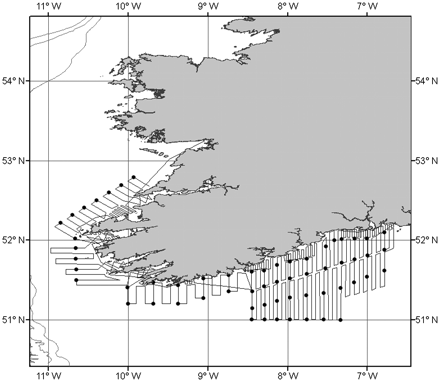 The Celtic Sea Herring Acoustic Survey study region. Filled circles show positions of hydrographic stations, and the 200-, 300-, and 500-m depth contours are also shown. Transect spacing ranges from 1 to 4 nautical miles.