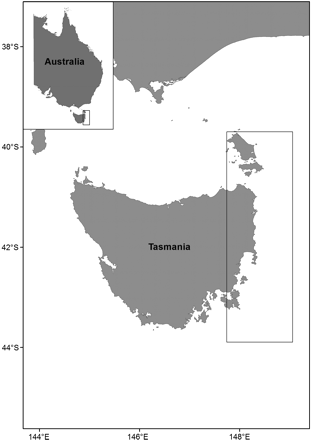 Map of the study area on the east coast of Tasmania, Australia. Samples were obtained from a commercial fishing vessel operating within the rectangular inset.