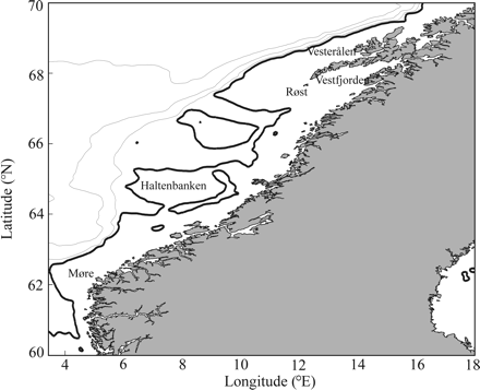 The area with depths less then 300 m off the Norwegian coast from which SeaWiFS data were processed. Contour lines indicate depths of 300 (bold), 500, 1000, and 2000 m.