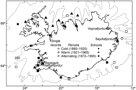 Records of mackerel in Icelandic waters, 1895–1995. Open symbols show records of single fish and filled symbols show schools. Circles indicate records during the cold period of 1880–1920, triangles during the warm period 1921–1965, and squares during the alternating climate conditions 1972–1995. No mackerel were recorded in Icelandic waters during the cold period of 1966–1971.