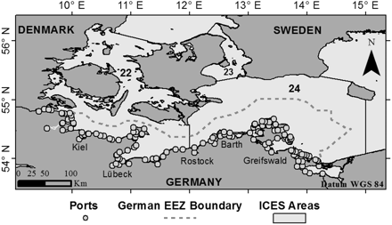 Map of the German Baltic coastal region, Grey circles depict fishing harbours (database developed by our research); ICES Area 22: Belt Sea and 24: Arkona Sea (shapefiles after ICES, 2010; DIFRES, 2006); (EEZ poly-line after HELCOM Map and Data service, 2010).