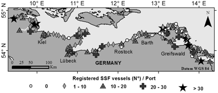 Total number of registered SSF vessels in German Baltic harbours. Primary data source: European Community Fleet Register (2010); (‘Active at date: 31 December 2008’); vessel specifications are as presented in the Methods section.