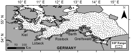 Mean range of operation of German Baltic SSFs, assuming a mean travel distance of 100 km from the fishing grounds to landing harbours.